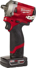 Milwaukee Tool - 1/2" Drive 12 Volt Pistol Grip Cordless Impact Wrench & Ratchet - 2,700 RPM, 0 to 3,200 BPM, 250 Ft/Lb Torque, 2 Lithium-Ion Batteries Included - Americas Industrial Supply