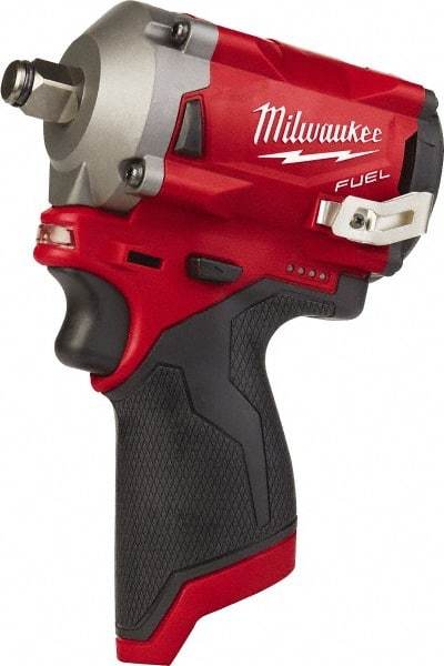 Milwaukee Tool - 1/2" Drive 12 Volt Pistol Grip Cordless Impact Wrench & Ratchet - 2,700 RPM, 0 to 3,200 BPM, 250 Ft/Lb Torque, Lithium-Ion Batteries - Americas Industrial Supply