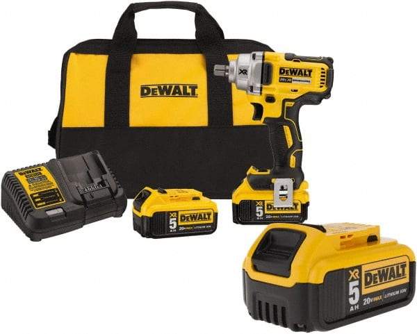 DeWALT - 1/2" Drive 20 Volt Mid-Handle Cordless Impact Wrench & Ratchet - 2,000 RPM, 0 to 3,100 BPM, 330 Ft/Lb Torque, 3 Lithium-Ion Batteries Included - Americas Industrial Supply