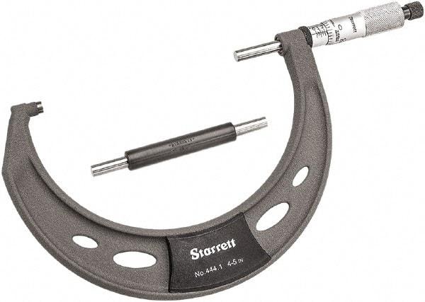 Starrett - 4 to 5" Range, 0.0001" Graduation, Mechanical Outside Micrometer - Ratchet Thimble, 2-3/4" Throat Depth, Accurate to 0.0001" - Americas Industrial Supply