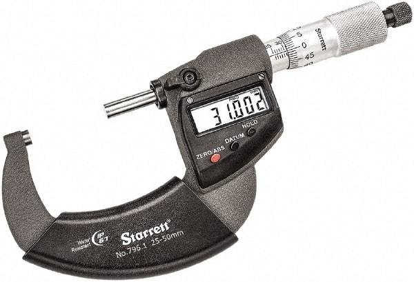 Starrett - 25 to 50mm Range, 0.001mm Graduation, Mechanical Outside Micrometer - Ratchet Thimble, 30mm Throat Depth, Accurate to 0.001mm - Americas Industrial Supply