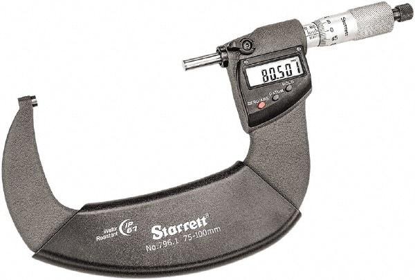 Starrett - 75 to 100mm Range, 0.001mm Graduation, Mechanical Outside Micrometer - Ratchet Thimble, 55mm Throat Depth, Accurate to 0.001mm - Americas Industrial Supply