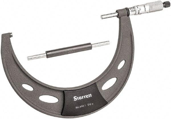 Starrett - 5 to 6" Range, 0.0001" Graduation, Mechanical Outside Micrometer - Ratchet Thimble, 3.35" Throat Depth, Accurate to 0.0001" - Americas Industrial Supply