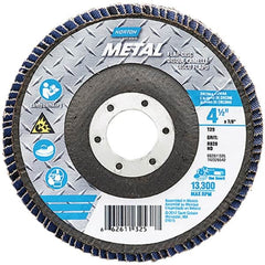 Norton - 80 Grit, 4-1/2" Disc Diam, 7/8" Center Hole, Type 29 Zirconia Alumina Flap Disc - 13,300 Max RPM, Fiberglass Backing, Arbor Attaching System, Coated - Americas Industrial Supply