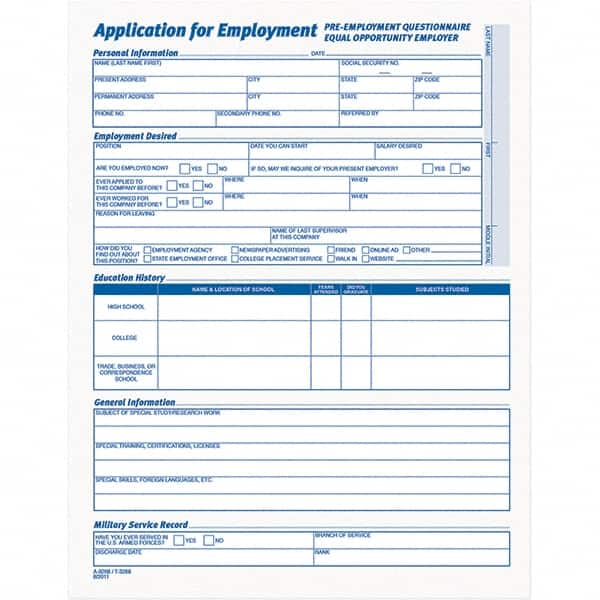 TOPS - 25 Sheet, 17 x 11", Employment Application Form - Purple & White - Americas Industrial Supply