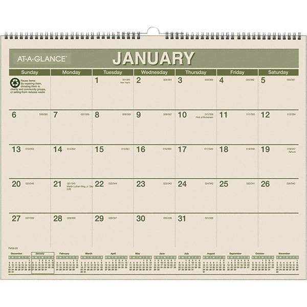 AT-A-GLANCE - 12 Sheet, 15 x 12", Wall Calendar - Green & White - Americas Industrial Supply