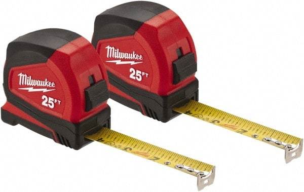 Milwaukee Tool - 25' x 1" Steel Blade Tape Measure - 1/16" Graduation, Red/Black Case - Americas Industrial Supply