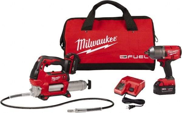 Milwaukee Tool - 1/2" Drive 18 Volt Pistol Grip Cordless Impact Wrench & Ratchet - 550/1,400/1,750 RPM, 0 to 2,100 BPM, 1,400 Ft/Lb Torque, 2 Lithium-Ion Batteries Included - Americas Industrial Supply