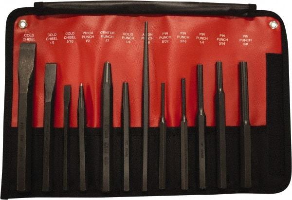 Mayhew - 12 Piece Cold Chisel, Prick, Center, Solid & Pin Punch Set - 5/16 to 3/4" Chisel, 5/32 to 3/8" Punch, Hex Shank - Americas Industrial Supply