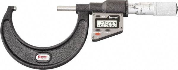 Starrett - 50.8 to 76 mm Range, 0.0001" Resolution, Standard Throat, Electronic Outside Micrometer - 0.0001" Accuracy, Friction Thimble, Micro Lapped Carbide Face, CR2450 Battery, Includes 3V Battery - Americas Industrial Supply