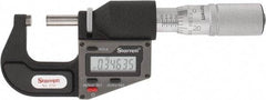 Starrett - 0 to 25 mm Range, 0.0001" Resolution, Standard Throat, Electronic Outside Micrometer - 0.0001" Accuracy, Friction Thimble, Micro Lapped Carbide Face, CR2450 Battery, Includes 3V Battery - Americas Industrial Supply