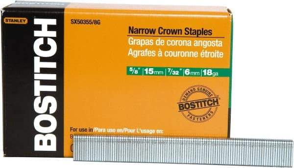 Stanley Bostitch - 5/8" Long x 7/32" Wide, 18 Gauge Narrow Crown Construction Staple - Steel, Chisel Point - Americas Industrial Supply