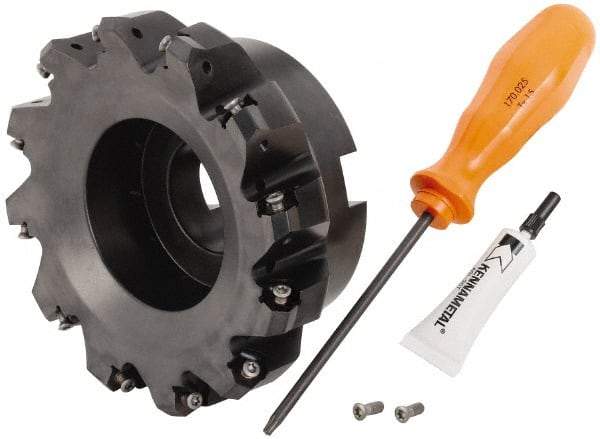 Kennametal - 5" Cut Diam, 1-1/2" Arbor Hole, 3.23mm Max Depth of Cut, 45° Indexable Chamfer & Angle Face Mill - 12 Inserts, HNGJ 0604... Insert, Right Hand Cut, 12 Flutes, Through Coolant, Series Dodeka Mini - Americas Industrial Supply