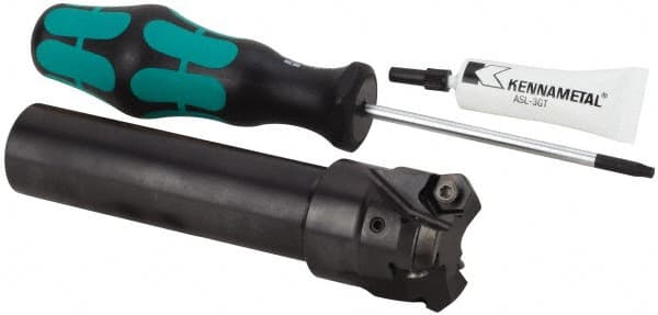 Kennametal - 45° Lead Angle, 39.93mm Max Cut Diam, 1-1/4" Min Cut Diam, 3.23mm Max Depth of Cut, Indexable Chamfer and Angle End Mill - 3 Inserts, HNGJ 0604ANENLD Insert Style, 132.08mm Overall Length, Through Coolant, Straight Shank - Americas Industrial Supply