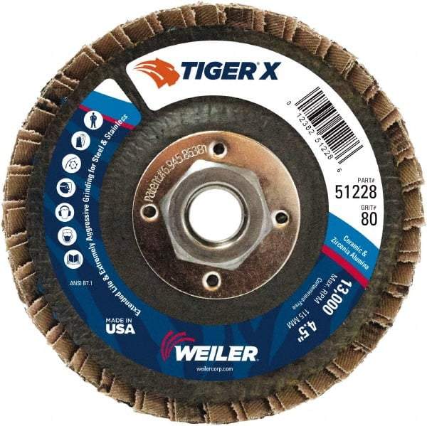 Weiler - 181 Grit, 4-1/2" Disc Diam, 5/8-11 Center Hole, Type 27 Zirconia Alumina Flap Disc - 13,000 Max RPM, Phenolic Backing, Arbor Attaching System, Coated - Americas Industrial Supply