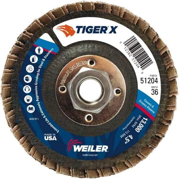 Weiler - 501 Grit, 4-1/2" Disc Diam, 5/8-11 Center Hole, Type 29 Zirconia Alumina Flap Disc - 13,000 Max RPM, Phenolic Backing, Quick Change Type S Attaching System, Coated - Americas Industrial Supply