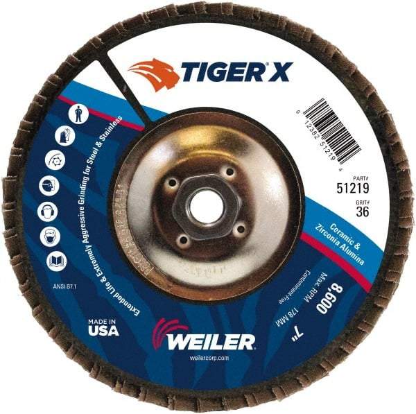 Weiler - 501 Grit, 7" Disc Diam, 5/8-11 Center Hole, Type 29 Zirconia Alumina Flap Disc - 8,600 Max RPM, Phenolic Backing, Arbor Attaching System, Coated - Americas Industrial Supply