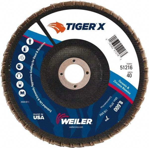 Weiler - 426 Grit, 7" Disc Diam, 7/8" Center Hole, Type 29 Zirconia Alumina Flap Disc - 8,600 Max RPM, Phenolic Backing, Arbor Attaching System, Coated - Americas Industrial Supply