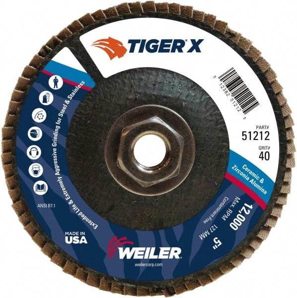 Weiler - 426 Grit, 5" Disc Diam, 5/8-11 Center Hole, Type 29 Zirconia Alumina Flap Disc - 12,000 Max RPM, Phenolic Backing, Arbor Attaching System, Coated - Americas Industrial Supply