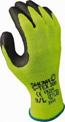 SHOWA - Size S (7), ANSI Cut Lvl 4, Abrasion Lvl 4, Natural Rubber Latex Coated Natural Rubber Cut Resistant Gloves - 10" Long, Palm Coated, Polyester, Stainless Steel & Kevlar Lining, Knit Wrist, Green/Yellow, Paired - Americas Industrial Supply