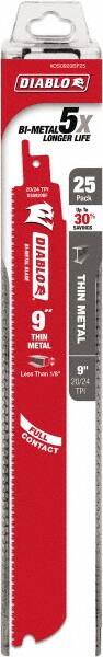 Freud - 9" Long x 1" Thick, Bi-Metal Reciprocating Saw Blade - Straight Profile, 20 to 24 TPI, Toothed Edge, Tang Shank - Americas Industrial Supply