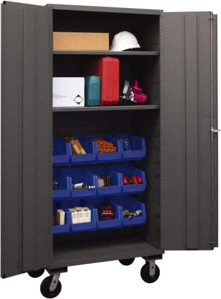 Durham - 2 Shelf 12 Bin Mobile Storage Cabinet - Steel, 36" Wide x 24" Deep x 80" High, Blue - Americas Industrial Supply