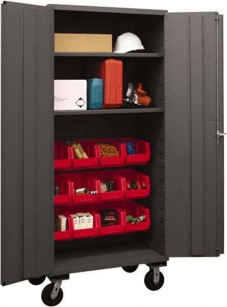 Durham - 2 Shelf 12 Bin Mobile Storage Cabinet - Steel, 36" Wide x 24" Deep x 80" High, Red - Americas Industrial Supply