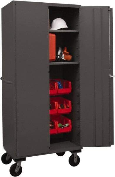 Durham - 2 Shelf 12 Bin Mobile Storage Cabinet - Steel, 36" Wide x 24" Deep x 80" High, Red - Americas Industrial Supply