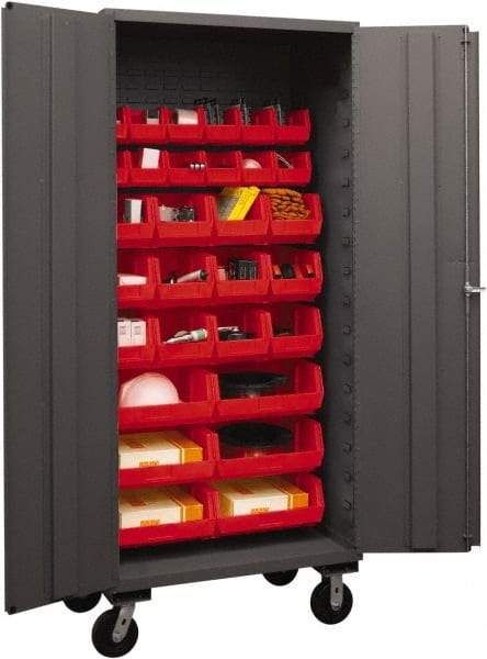 Durham - 30 Bin Mobile Storage Cabinet - Steel, 36" Wide x 24" Deep x 80" High, Red - Americas Industrial Supply