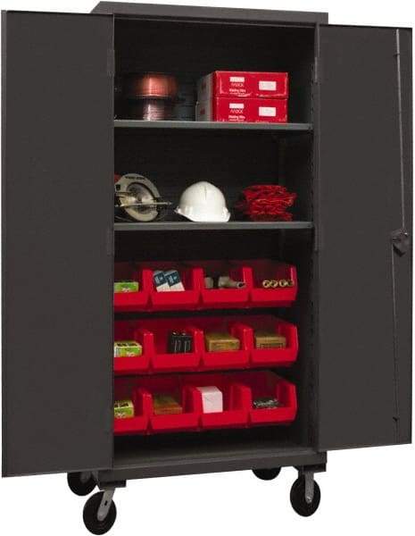 Durham - 2 Shelf 12 Bin Mobile Storage Cabinet - Steel, 36" Wide x 24" Deep x 80" High, Red - Americas Industrial Supply