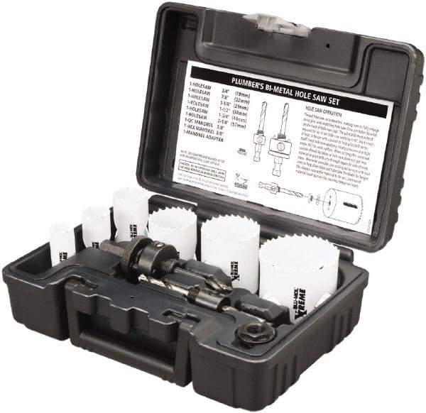 Disston - 9 Piece, 3/4" to 2-1/4" Saw Diam, Plumber's Hole Saw Kit - Bi-Metal, Toothed Edge, Pilot Drill Model No. E0102457, Includes 6 Hole Saws - Americas Industrial Supply