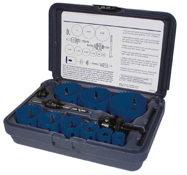 Disston - 9 Piece, 3/4" to 2-1/4" Saw Diam, Plumber's Hole Saw Kit - Bi-Metal, Toothed Edge, Pilot Drill Model No. E0102457, Includes 6 Hole Saws - Americas Industrial Supply