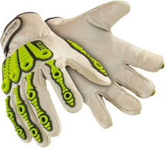 HexArmor - Size L (9), ANSI Cut Level A8, Puncture Level 4, Abrasion Level 4, Goatskin Leather Cut & Puncture Resistant Gloves - 9-1/2" Long, Uncoated Leather, Hook & Loop Cuffs, White/High Visibility Yellow, Paired - Americas Industrial Supply