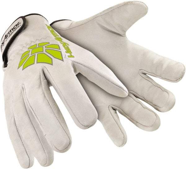 HexArmor - Size XL (10), ANSI Cut Lvl A8, Puncture Lvl 4, Abrasion Lvl 4, Goatskin Leather Cut & Puncture Resistant Gloves - 9.5" Long, SuperFabric Lining, Slip-On Cuff, White/Hi-Vis Yellow, Paired - Americas Industrial Supply