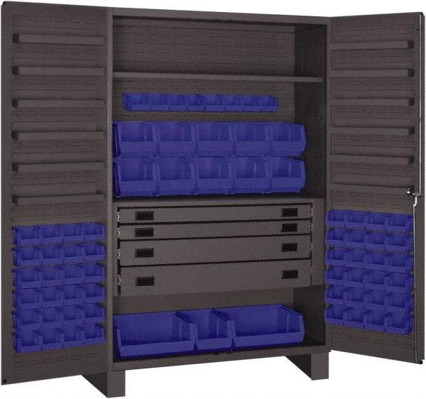 Durham - 2 Shelf 69 Bin Storage Cabinet - Steel, 48" Wide x 24" Deep x 78" High, Blue - Americas Industrial Supply