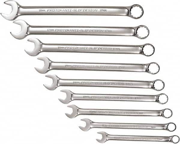 Proto - 9 Piece, 10mm to 18mm, 12 Point Combination Wrench Set - Metric Measurement Standard, Full Polish Chrome Finish, Comes in Tool Roll - Americas Industrial Supply