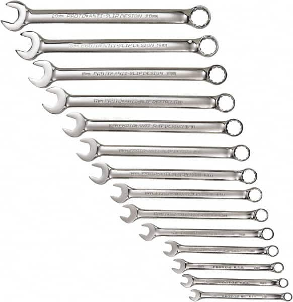 Proto - 14 Piece, 7mm to 20mm, 12 Point Combination Wrench Set - Metric Measurement Standard, Full Polish Chrome Finish, Comes in Tool Roll - Americas Industrial Supply