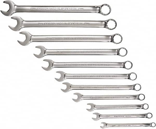 Proto - 11 Piece, 7mm to 19mm, 12 Point Combination Wrench Set - Metric Measurement Standard, Full Polish Chrome Finish, Comes in Tool Roll - Americas Industrial Supply