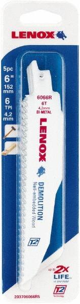 Lenox - 6" Long x 7/8" Thick, Bi-Metal Reciprocating Saw Blade - Straight Profile, 6 TPI, Toothed Edge - Americas Industrial Supply