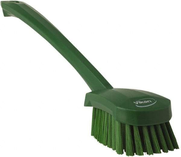 Vikan - 1.3" Bristle Length, Polyester Scrub Brush - 4" Long x 2-3/4" Wide Head, 15-3/4" OAL, Green, Polypropylene Block - Americas Industrial Supply