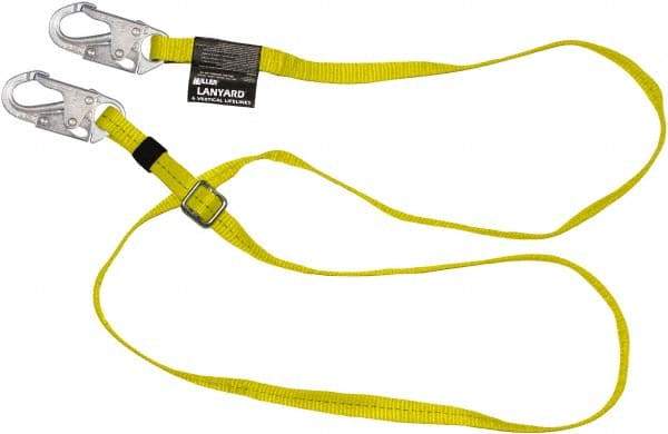 Miller - 6' Long, 310 Lb Capacity, 1 Leg Locking Snap Hook Harness Positioning/Restraint Lanyard - 1-1/2" Diam, Polyester Webbing, Locking Snap Hook Anchorage Connection - Americas Industrial Supply