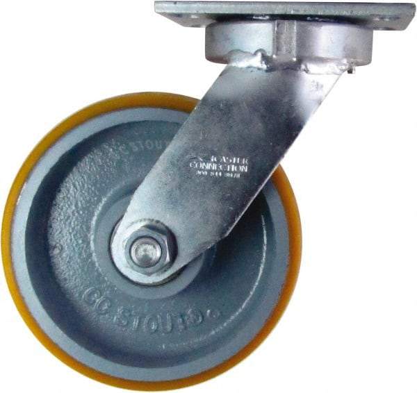 Caster Connection - 8" Diam x 3" Wide x 10-1/8" OAH Top Plate Mount Swivel Caster - Polyurethane on Iron, 2,300 Lb Capacity, Sealed Precision Ball Bearing, 4-1/2 x 6-1/4" Plate - Americas Industrial Supply