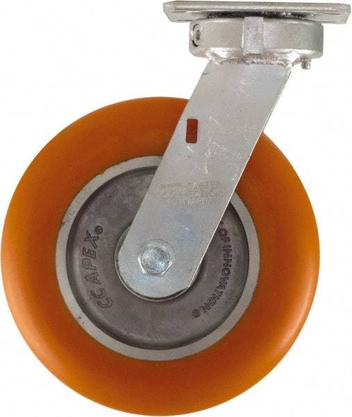 Caster Connection - 8" Diam x 2" Wide x 10-1/8" OAH Top Plate Mount Swivel Caster - Polyurethane on Aluminum, 1,200 Lb Capacity, Sealed Precision Ball Bearing, 4 x 4-1/2" Plate - Americas Industrial Supply