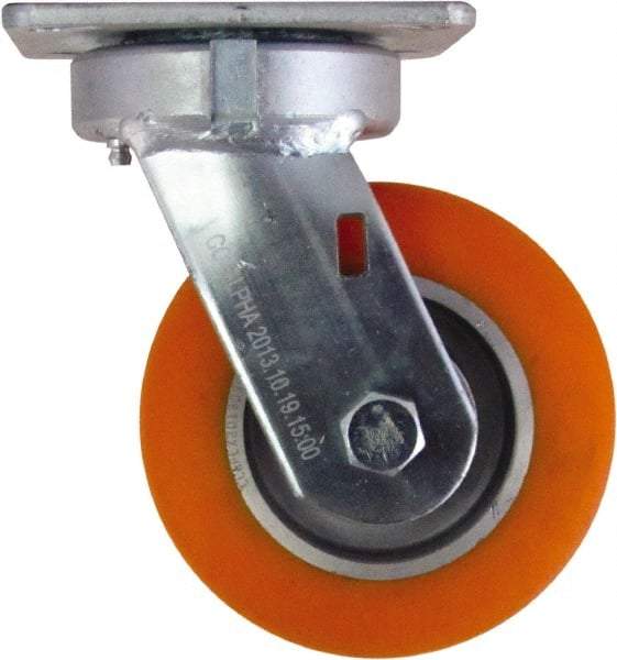 Caster Connection - 5" Diam x 2" Wide x 6-1/2" OAH Top Plate Mount Swivel Caster - Polyurethane on Aluminum, 750 Lb Capacity, Sealed Precision Ball Bearing, 4 x 4-1/2" Plate - Americas Industrial Supply