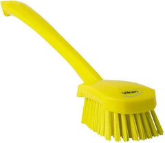 Vikan - 1.3" Bristle Length, Polyester Scrub Brush - 4" Long x 2-3/4" Wide Head, 15-3/4" OAL, Yellow, Polypropylene Block - Americas Industrial Supply