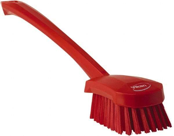 Vikan - 1.3" Bristle Length, Polyester Scrub Brush - 4" Long x 2-3/4" Wide Head, 15-3/4" OAL, Red, Polypropylene Block - Americas Industrial Supply