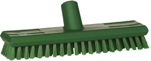 Vikan - 1" Bristle Length, Polyester Scrub Brush - 10-5/8" Long x 2-1/2" Wide Head, 11" OAL, European Threaded Handle, Green, Polypropylene Block - Americas Industrial Supply