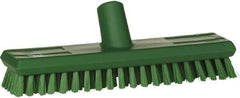Vikan - 1" Bristle Length, Polyester Scrub Brush - 10-5/8" Long x 2-1/2" Wide Head, 11" OAL, European Threaded Handle, Green, Polypropylene Block - Americas Industrial Supply