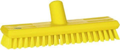 Vikan - 1" Bristle Length, Polyester Scrub Brush - 10-5/8" Long x 2-1/2" Wide Head, 11" OAL, European Threaded Handle, Yellow, Polypropylene Block - Americas Industrial Supply