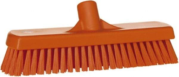 Vikan - 1.7" Bristle Length, Polyester Scrub Brush - 11-1/4" Long x 3" Wide Head, 12" OAL, European Threaded Handle, Orange, Polypropylene Block - Americas Industrial Supply